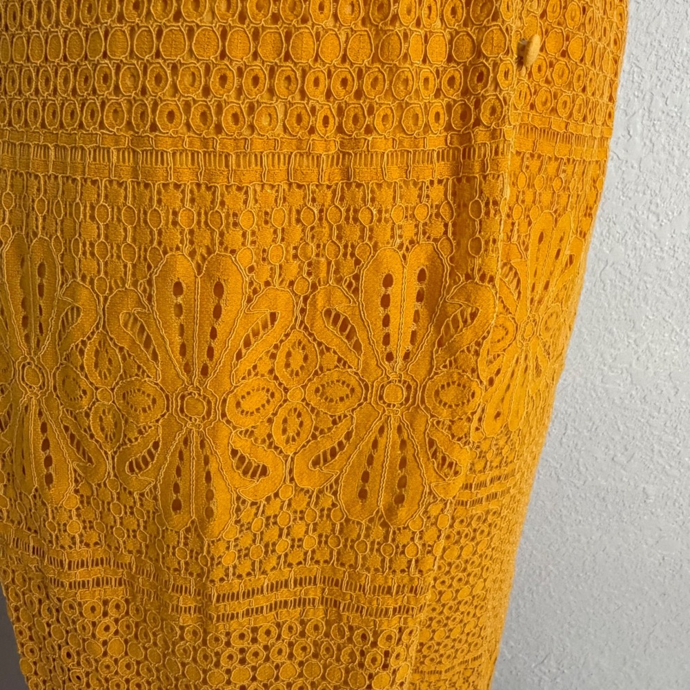 Lulus Mustard Yellow Lace Midi Dress Button Front Marigold Crochet Boho Size M - Picture 3 of 7